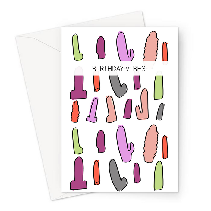 Birthday Vibes Greeting Card | Funny Vibrator Pun Birthday Card, Colourful Dildos Illustration, Different Vibrators Print