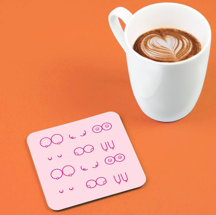 Boobs Illustration Pink Coaster | Boob Print Drinks Mat, Different Shaped Breasts, Abstract Nude, Funny Coaster, Female Empowerment Coaster, LGBTQ+