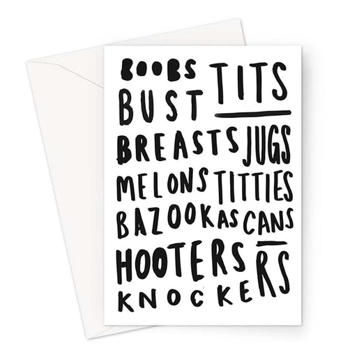 Boobs Word Art Greeting Card | Tits, Breasts, Titties, Bazookas, Knockers, Hooters, Melons, Mammaries, Cans, Jugs, Bust