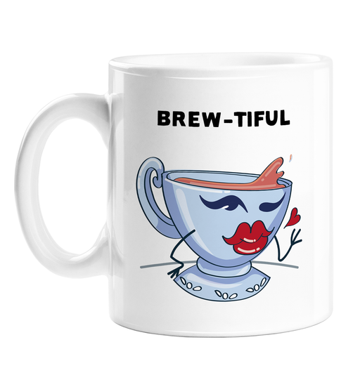 Brew-tiful Mug | Cute, Funny Cup Of Tea Pun Gift, Beautiful, Flirty Tea Cup Winking With Pouty Lips, Love Gift, Valentine's, Anniversary