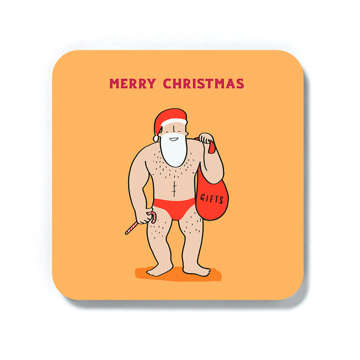 Buff Male Santa Merry Christmas Coaster | Funny Christmas Gift, Stocking Filler, Decorations, Drinks Mat, LGBT, Sexy Santa With Sack Of Presents