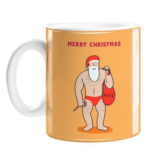Buff Male Santa Merry Christmas Mug | Funny Christmas Gift, Stocking Filler, LGBT, Sexy Santa With Sack Of Presents