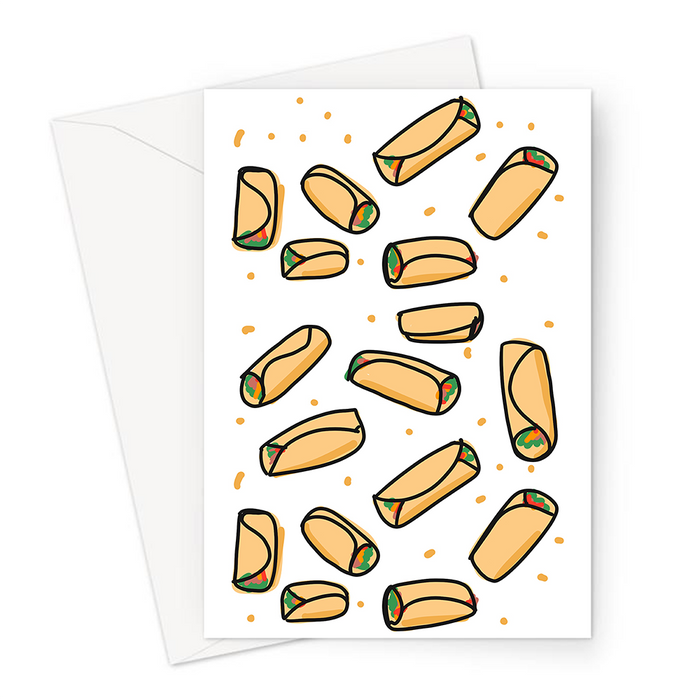 Burrito Print Greeting Card | Burritos Pattern, Mexican Food, Burrito Illustration, Breakfast Burrito Card, Veggie Burrito Card