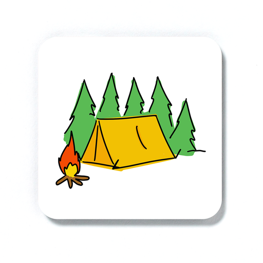 Camping Print Coaster | Tent Illustration Drinks Mat For Camper, Adventurer, Holiday, Tent In The Woods With Campfire