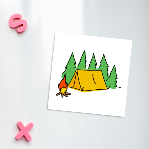 Camping Print Fridge Magnet | Tent Illustration Kitchen Magnet For Camper, Adventurer, Holiday, Tent In The Woods With Campfire
