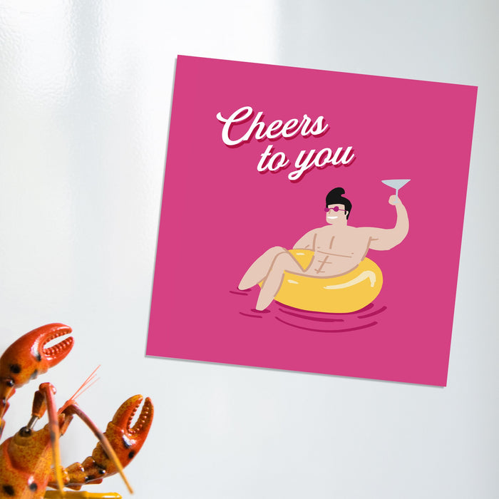 Cheers To You Man In Rubber Ring Magnet | Naked Man Well Done Fridge Magnet, Congratulations Fridge Magnet, Cheers Fridge Magnet, LGBTQ+, Art Deco