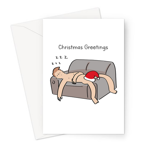 Christmas Greetings Greeting Card | Naked Sleeping Mand With Santa Hat Covering His Genitals, Rude, Naughty Santa Card, For Him