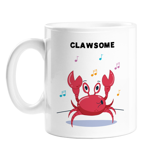 Clawsome Mug | Funny Crab Pun Coffee Mug, Happy Crab Surrounded By Musical Notes Illustration, Animal Pun, Awesome, Claw