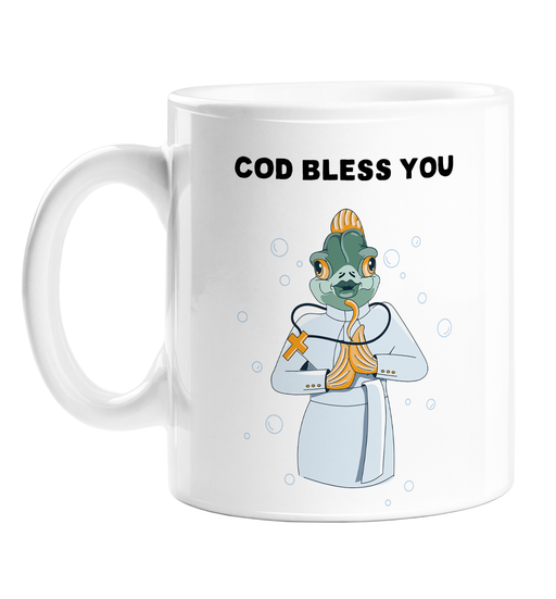 Cod Bless You Mug | Funny Cod Dressed As The Pope Coffee Mug, Religion Jokes, Christianity, Catholicism, God Bless You Pun, Fish