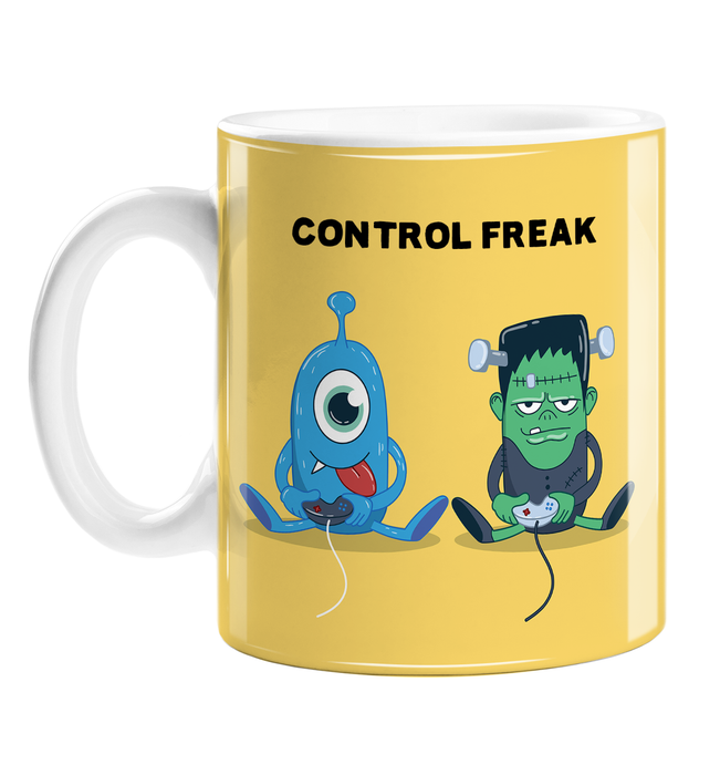 Control Freak Mug | Funny Gaming Coffee Mug For Gamer, Monster And Frankenstein Playing Video Games, Freaks Playing Video Game, Games Controller Pun