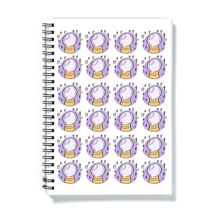 Crystal Ball Print A5 Notebook | Crystal Pattern Notepad, Crystal Ball With Magical Symbols Illustration, Median, Fortune Teller, Magical