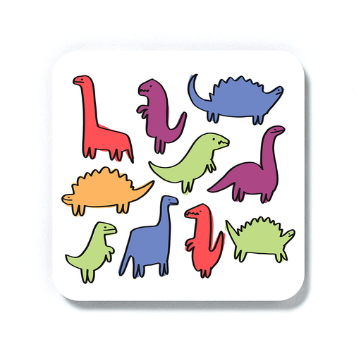 Dinosaur Print Coaster | Dino Pattern Drinks Mat, Different Coloured Dinos Illustration, Different Dinosaurs Print