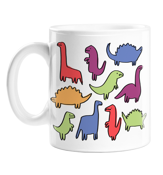 Dinosaur Print Mug | Dino Pattern Coffee Mug, Different Coloured Dinos Illustration, Different Dinosaurs Print