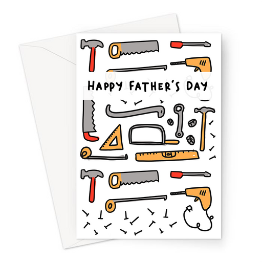 DIY Tools Happy Father's Day Greeting Card | Tools Print Father's Day Card, Saw, Hammer, Nails, Measuring Tape, Drill, Screwdriver, DIY Card For Dad