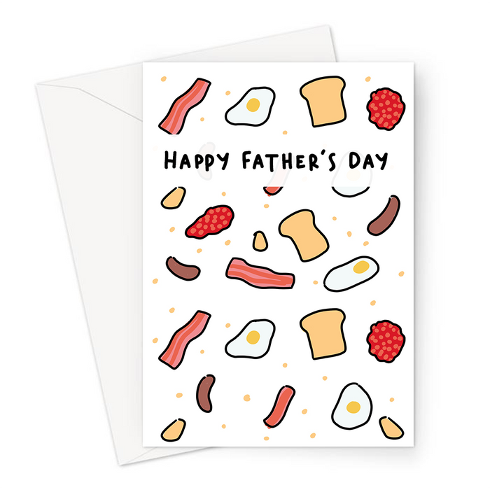 English Breakfast Happy Father's Day Greeting Card | Breakfast Print Father's Day Card, Bacon, Eggs, Sausages, Toast, Hash Browns, Fry Up Card For Dad
