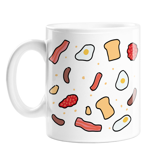  English Breakfast Print Mug | Different Breakfast Items Print Coffee Mug, Bacon, Sausages, Fried Eggs, Hash Browns, Toast, Baked Beans, Fry Up 