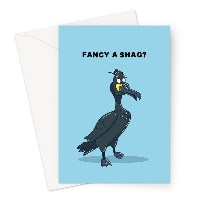 Fancy A Shag? Greeting Card | Shag Bird Pun Anniversary Card For Him, Her, Inuendo, Happy Shag Bird With Eyebrows Raised, Valentine's, Fancy It?