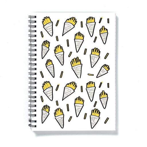 Fish And Chips In Newspaper Print A5 Notebook | Fish And Chips Pattern Notepad, Chips Wrapped Up In Newspaper Illustration, Chippy