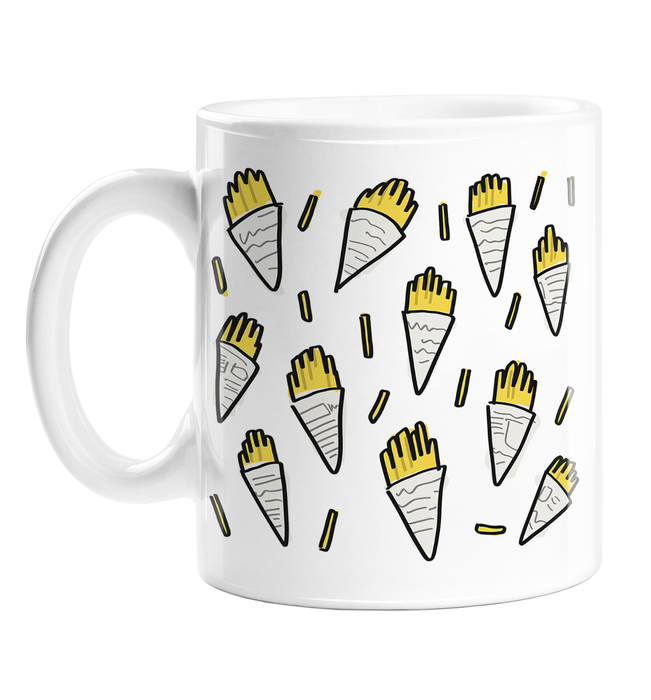 Fish And Chips In Newspaper Print Mug | Fish And Chips Pattern Coffee Mug, Chips Wrapped Up In Newspaper Illustration, Chippy