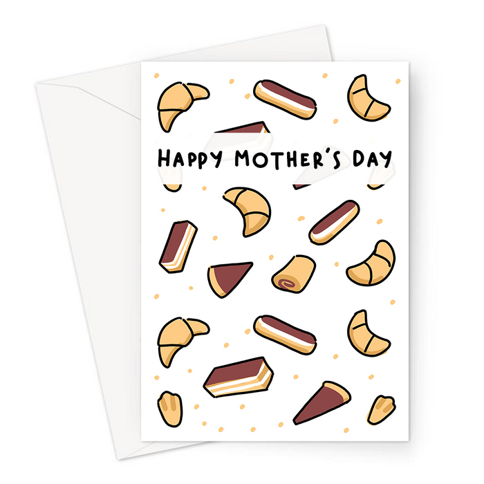 French Pastries Happy Mother's Day Greeting Card | Breakfast Print Mother's Day Card, Croissants, Pastries, French Breakfast Card For Mum