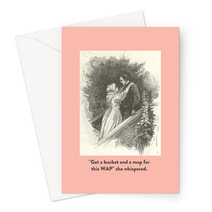 "Get A Bucket And A Mop For This WAP" She Whispered. Greeting Card | Vintage Valentine's Card, Anniversary, Couple Embracing On Stairs, Wet Ass Pussy Joke