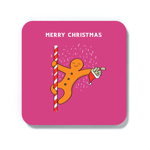 Gingerbread Man Pole Dancing Merry Christmas Coaster | Funny, Joke Christmas Gift, Stocking Filler, Drinks Mat, Gingerbread Man Dancing On Candy Cane