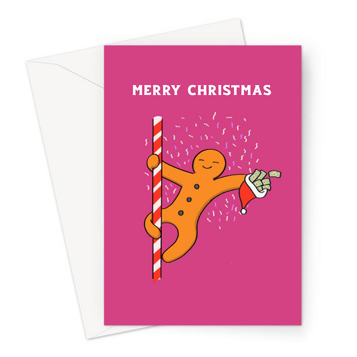 Gingerbread Man Pole Dancing Merry Christmas Greeting Card | Funny, Joke Christmas Card, LGBT, Gingerbread Man Dancing On Candy Cane