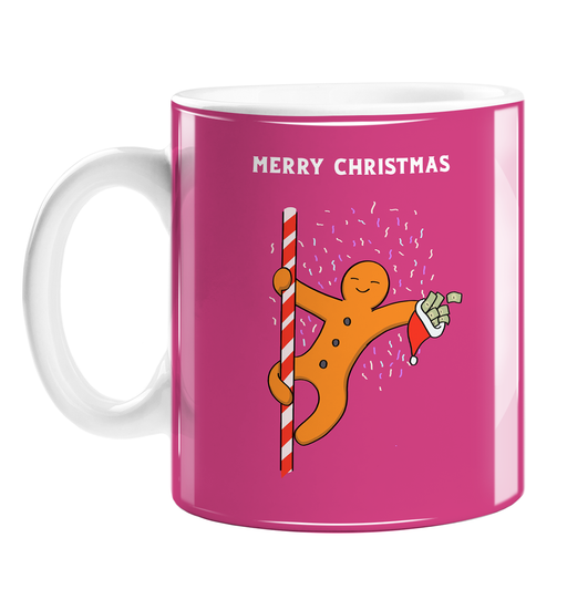 Gingerbread Man Pole Dancing Merry Christmas Mug | Funny, Joke Christmas Gift, Stocking Filler, Coffee Mug, Gingerbread Man Poledancing On Candy Cane