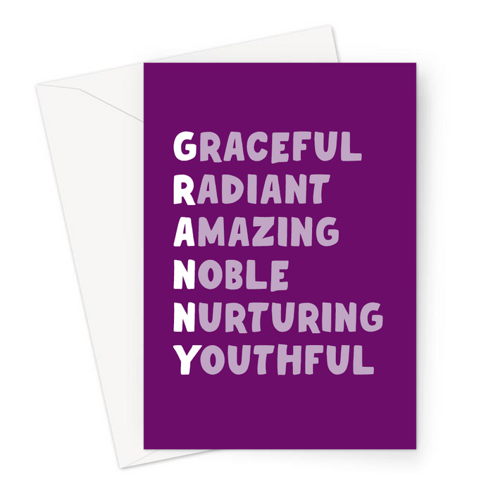Granny Acronym Greeting Card | Nice Birthday Card For Grandma, Graceful, Radiant, Amazing, Noble, Nurturing, Youthful, Loving Card, Purple, White