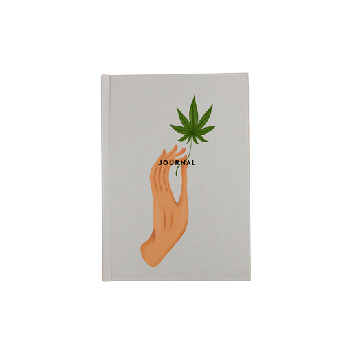 Hand Holding Weed Leaf A5 Journal | Hand Held Cannabis Leaf Illustration, Hand Illustrated Fine Art Marijuana Leaf, Stoner Diary