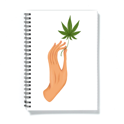 Hand Holding Weed Leaf A5 Notebook | Hand Held Cannabis Leaf Illustration, Hand Illustrated Fine Art Marijuana Leaf, Stoner Journal