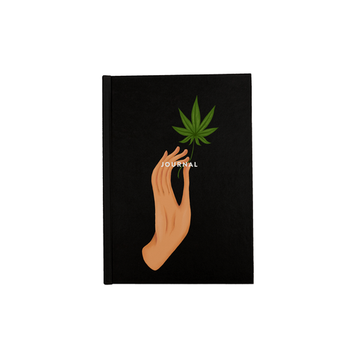 Hand Holding Weed Leaf Black A5 Journal | Hand Held Cannabis Leaf Illustration, Hand Illustrated Fine Art Marijuana Leaf, Stoner Diary