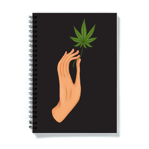 Hand Holding Weed Leaf Black A5 Notebook | Hand Held Cannabis Leaf Illustration, Hand Illustrated Fine Art Marijuana Leaf, Stoner Journal