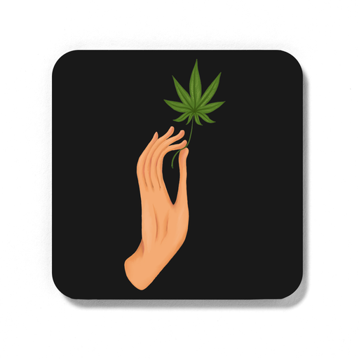 Hand Holding Weed Leaf Black Coaster | Hand Held Cannabis Leaf Illustration, Hand Illustrated Fine Art Marijuana Leaf, Stoner, Ganja, Hash, Pot, 420