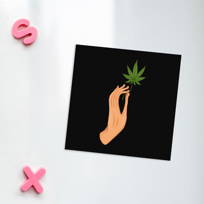 Hand Holding Weed Leaf Black Fridge Magnet | Hand Held Cannabis Leaf Illustration, Hand Illustrated Fine Art Marijuana Leaf, Stoner, Ganja, Hash, Pot, 420