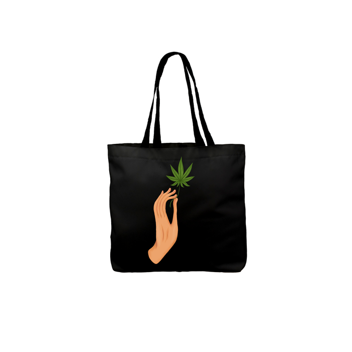 Hand Holding Weed Leaf Black Tote | Hand Held Cannabis Leaf Illustration, Hand Illustrated Fine Art Marijuana Leaf, Stoner Canvas Shopping Bag