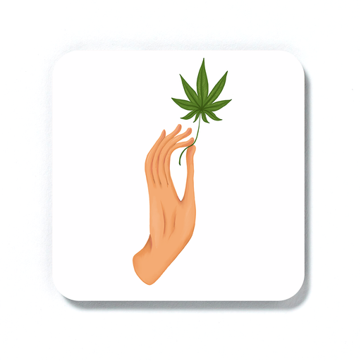 Hand Holding Weed Leaf Coaster | Hand Held Cannabis Leaf Illustration, Hand Illustrated Fine Art Marijuana Drinks Mat, Stoner, Ganja, Hash, Pot, 420