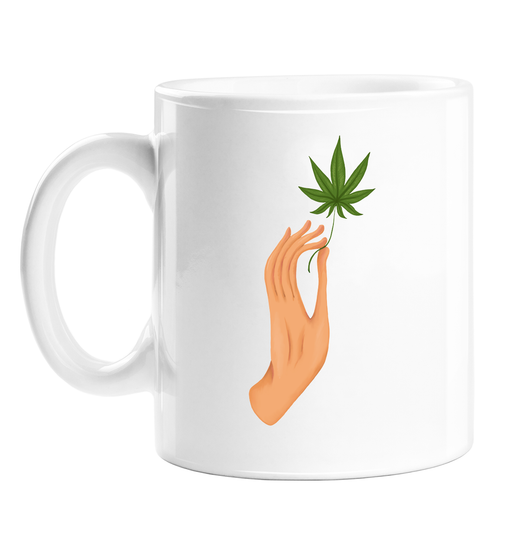 Hand Holding Weed Leaf Mug | Hand Held Cannabis Leaf Illustration, Hand Illustrated Fine Art Marijuana Leaf, Stoner, Ganja, Hash, Pot, 420