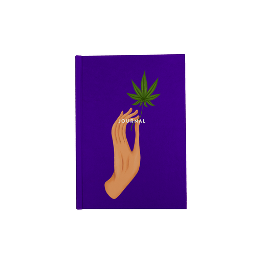 Hand Holding Weed Leaf Purple A5 Journal | Hand Held Cannabis Leaf Illustration, Hand Illustrated Fine Art Marijuana Leaf, Stoner Diary