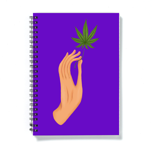 Hand Holding Weed Leaf Purple A5 Notebook | Hand Held Cannabis Leaf Illustration, Hand Illustrated Fine Art Marijuana Leaf, Stoner Journal