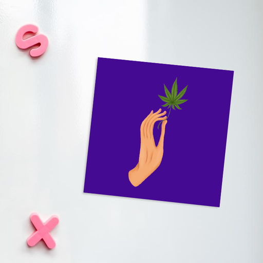 Hand Holding Weed Leaf Purple Fridge Magnet | Hand Held Cannabis Leaf Illustration, Hand Illustrated Fine Art Marijuana Leaf, Stoner, Ganja, Hash, Pot, 420
