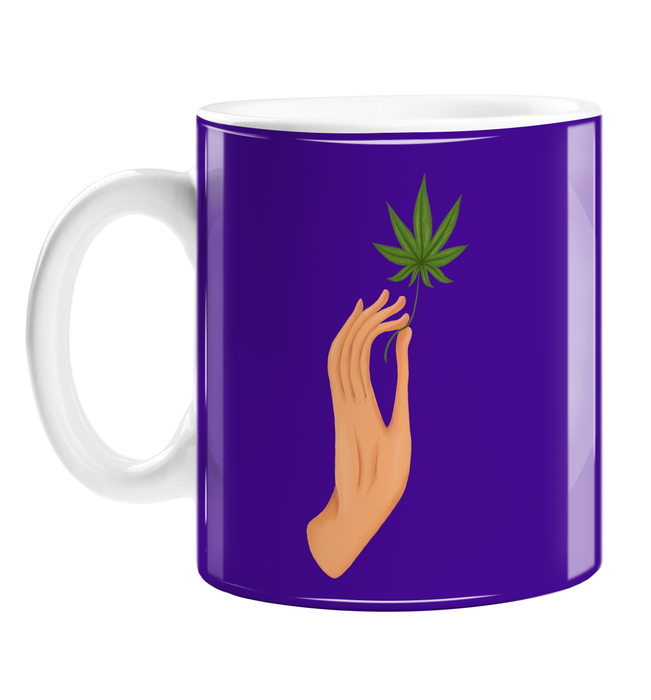 Hand Holding Weed Leaf Purple Mug | Hand Held Cannabis Leaf Illustration, Hand Illustrated Fine Art Marijuana Leaf, Stoner, Ganja, Hash, Pot, 420