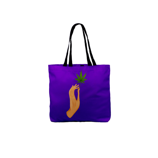 Hand Holding Weed Leaf Purple Tote | Hand Held Cannabis Leaf Illustration, Hand Illustrated Fine Art Marijuana Leaf, Stoner Canvas Shopping Bag