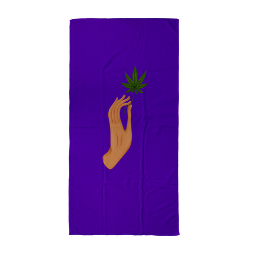 Hand Holding Weed Leaf Purple Beach Towel | Hand Held Cannabis Leaf Illustration, Hand Illustrated Fine Art Marijuana Leaf, Stoner Towel, Hash, Ganja