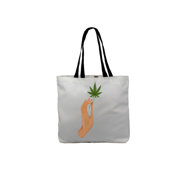 Hand Holding Weed Leaf Tote | Hand Held Cannabis Leaf Illustration, Hand Illustrated Fine Art Marijuana Leaf, Stoner Canvas Shopping Bag