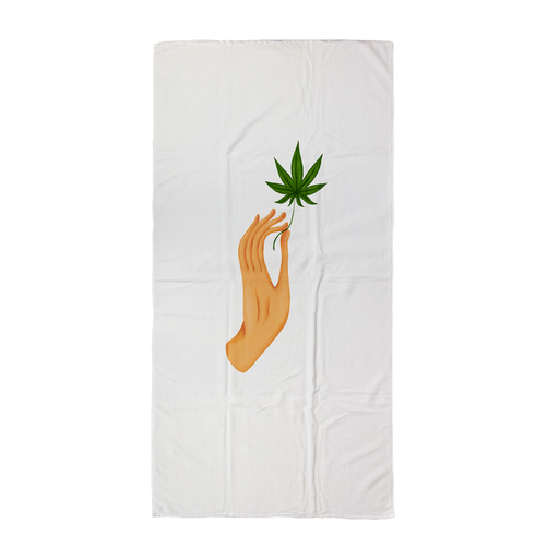 Hand Holding Weed Leaf Beach Towel | Hand Held Cannabis Leaf Illustration, Hand Illustrated Fine Art Marijuana Leaf, Stoner Towel, Hash, Ganja
