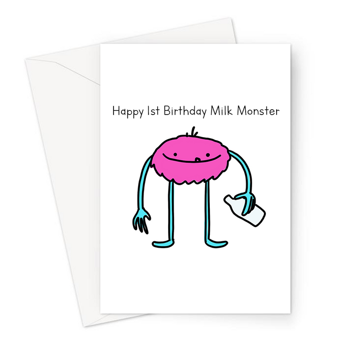 Happy 1st Birthday Milk Monster Greeting Card | Funny Monster 1st Birthday Card, Monster Drinking Bottle Of Milk, One Years Old, First Birthday