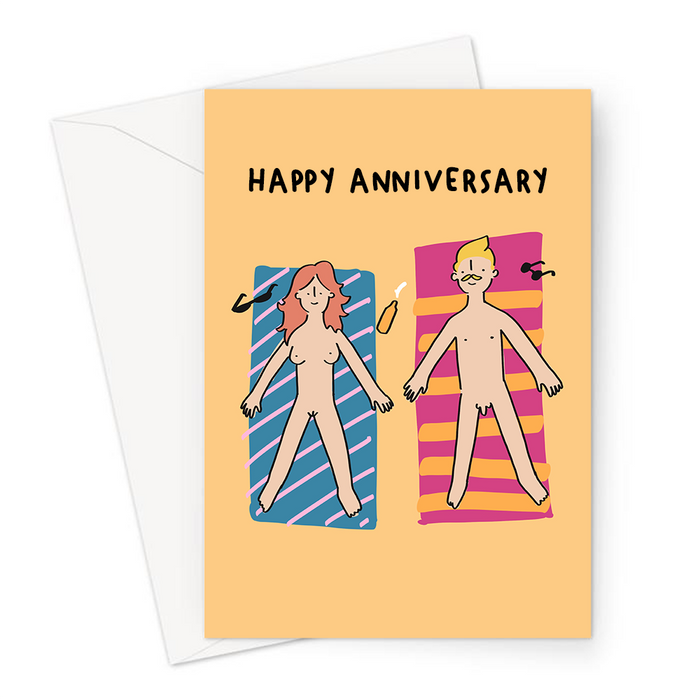 Happy Anniversary Naked Couple Sunbathing Greeting Card | Funny Anniversary Card Card For Nudist Couple, For Her, For Him, Nude Couple On A Beach Card