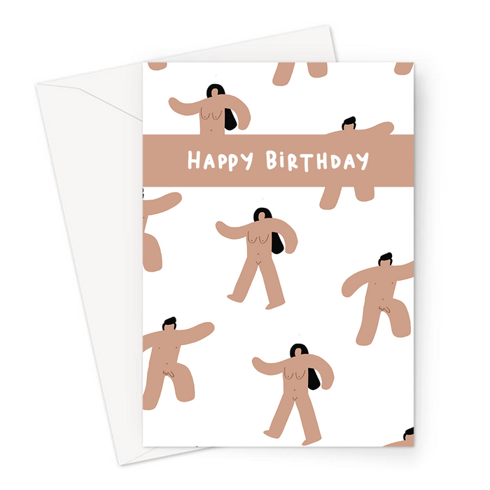Happy Birthday Abstract Nude Men And Women Greeting Card | Naked Marching Men And Women Print Birthday Card, Nudity, LGBTQ+