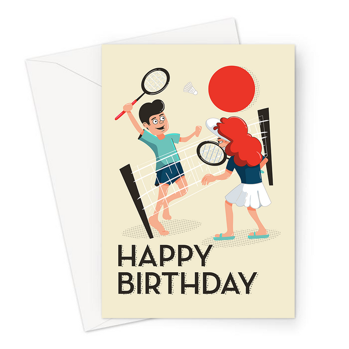 Happy Birthday Badminton Greeting Card | Happy Birthday Card For Badminton Player, Couple Playing Badminton In The Sun, Shuttlecock, Birdie, Rally